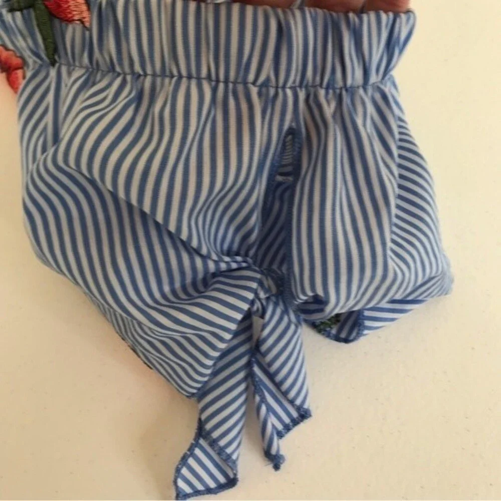 Miley + Molly Off Shoulder Tie Sleeve Blue White Stripe Embroidered Dress Large